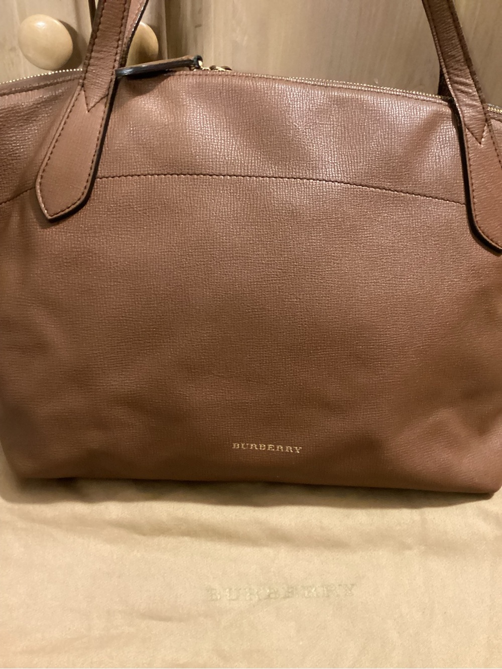 Burberry Brown Pebbled Leather Tote with Gold Logo Accent